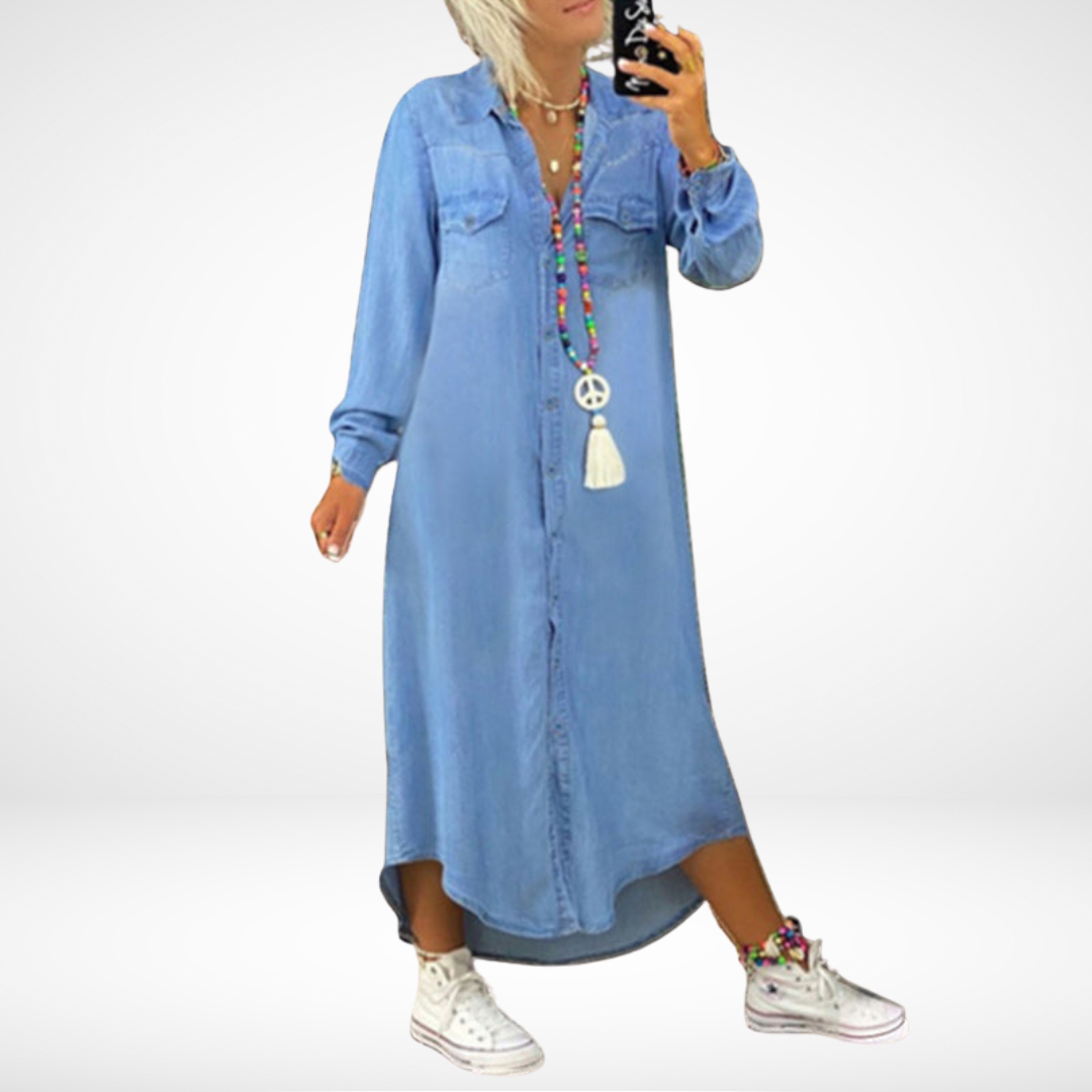 Sofía | Vestido Maxi de Manga Larga en Denim